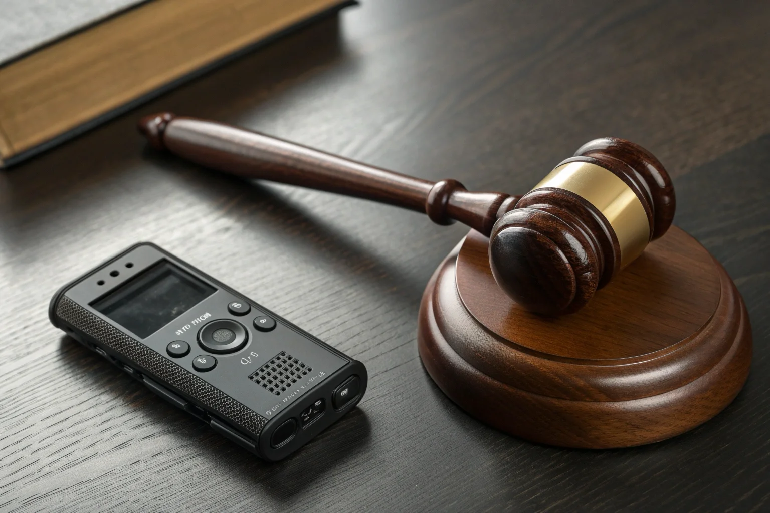 A wooden gavel resting next to a small, discreet voice recorder on a desk, symbolizing legality