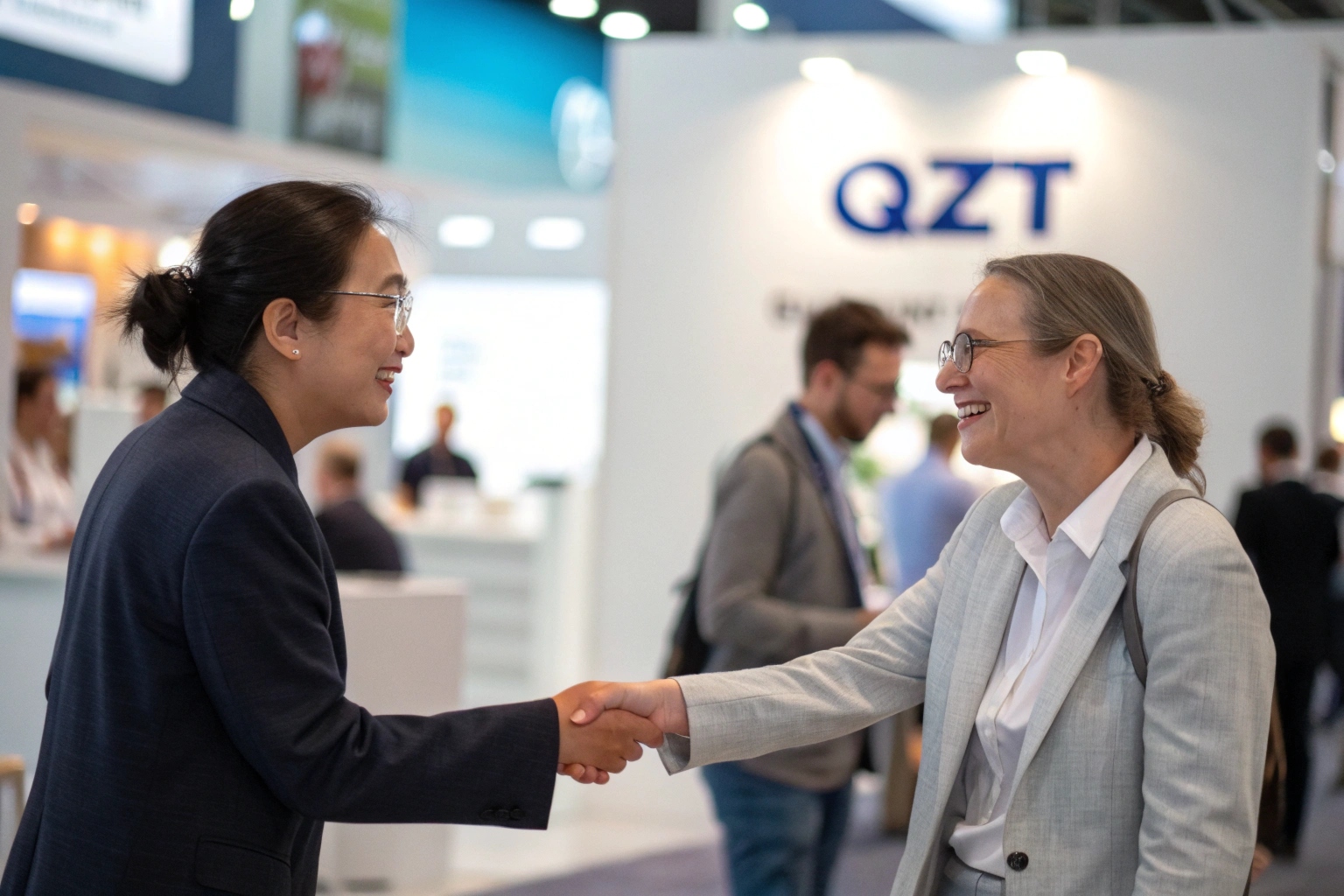 A professional handshake in front of a QZT branded trade show booth