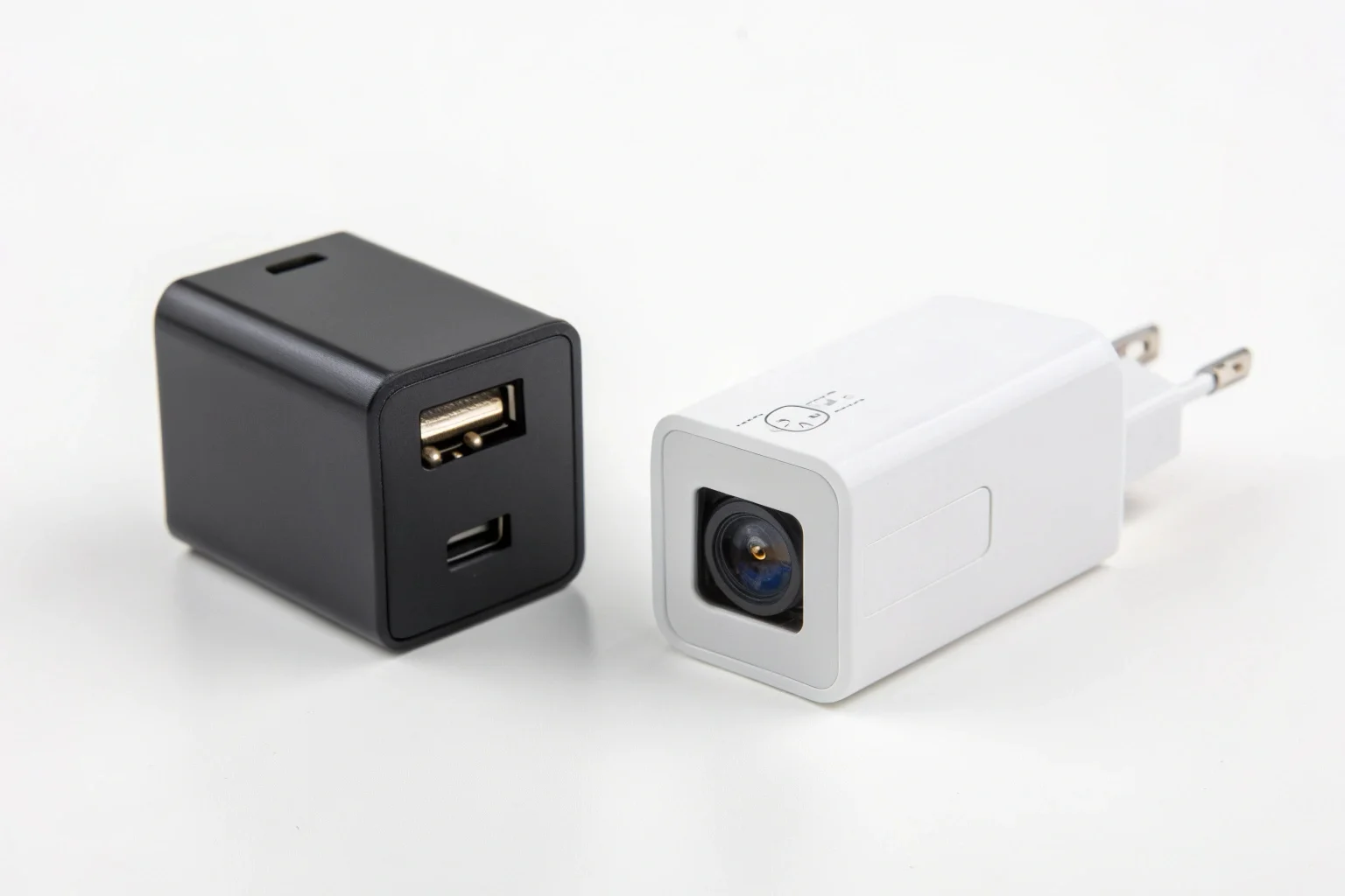 A battery-powered hidden camera module next to a hardwired USB charger camera