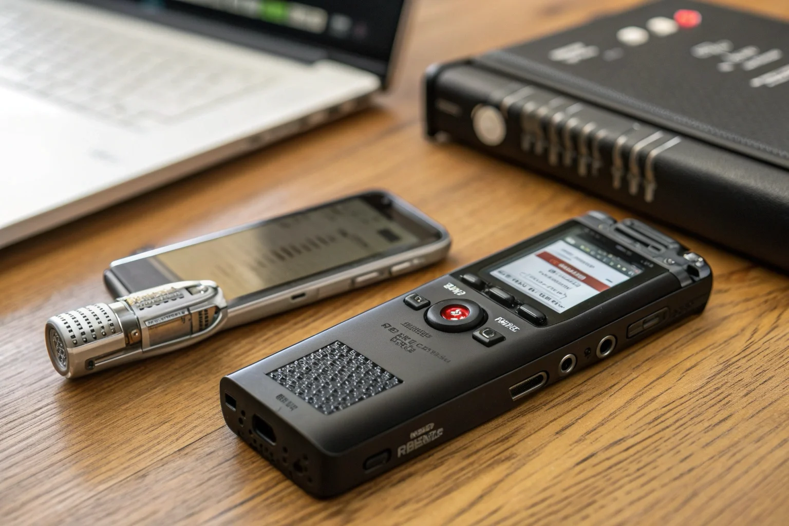 A comparison of various AI voice recorders on a desk focused on professional build quality
