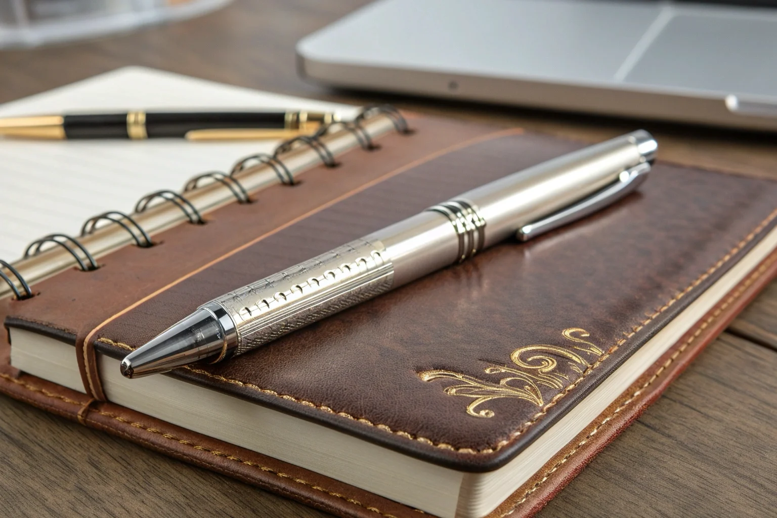 A close-up shot of a high-quality, discreet voice recorder disguised as a pen, resting on a notebook