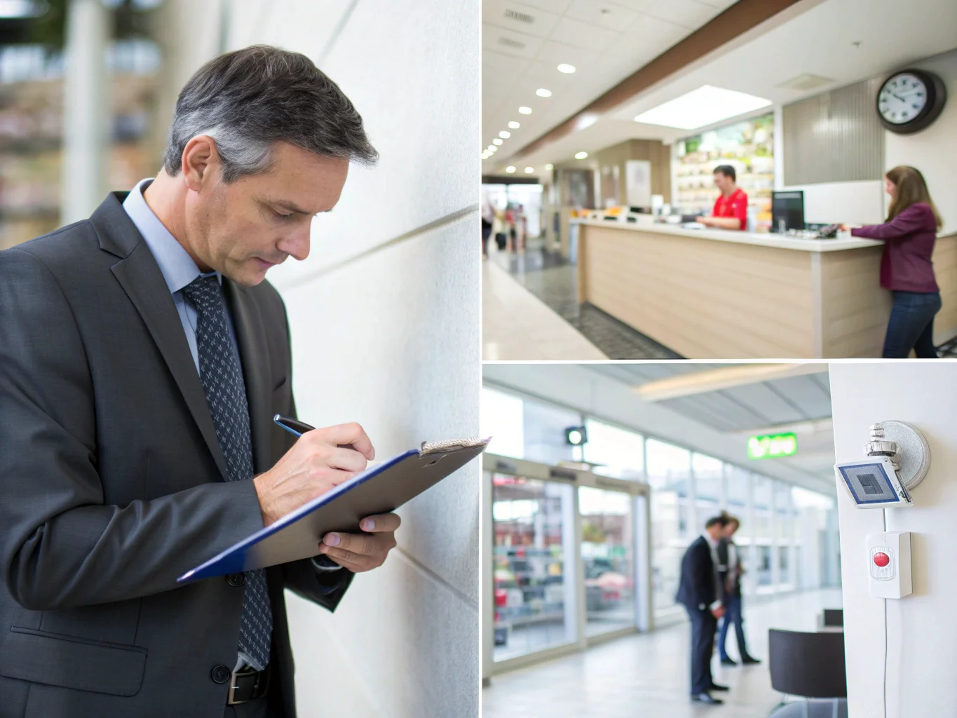 A manager reviewing a security checklist, with images of different business environments in the background.