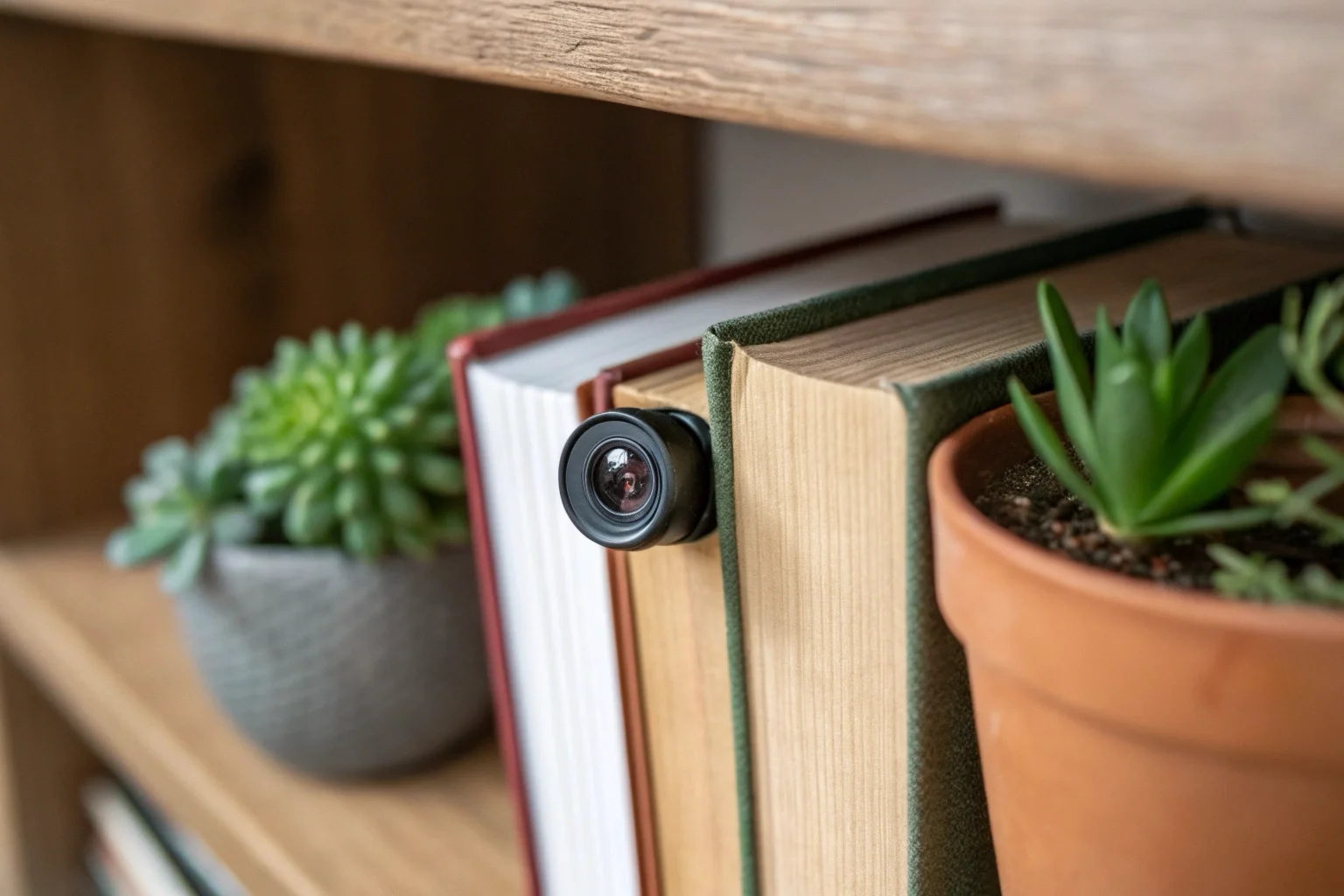 A small, discreet indoor mini camera partially hidden on a bookshelf next to some books and a plant
