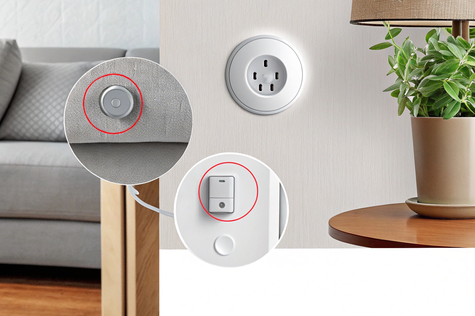 A living room scene with circles highlighting hidden cameras in a plant, a book, and a smoke detector