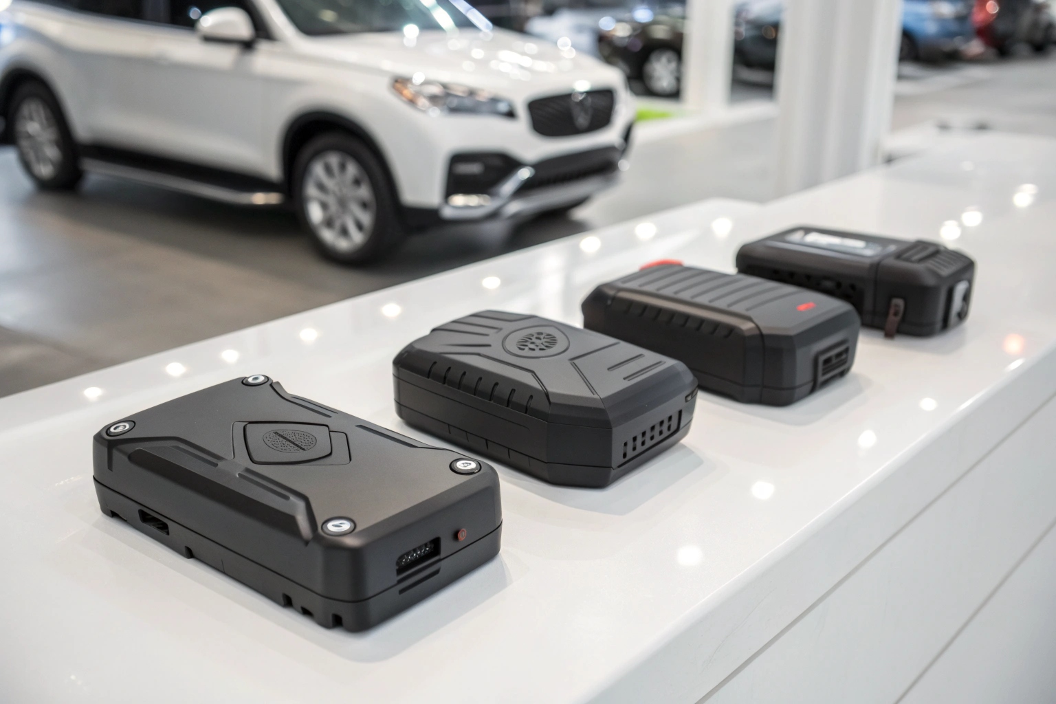 A professional product shot of several different models of vehicle GPS trackers arranged neatly on a clean, modern surface.