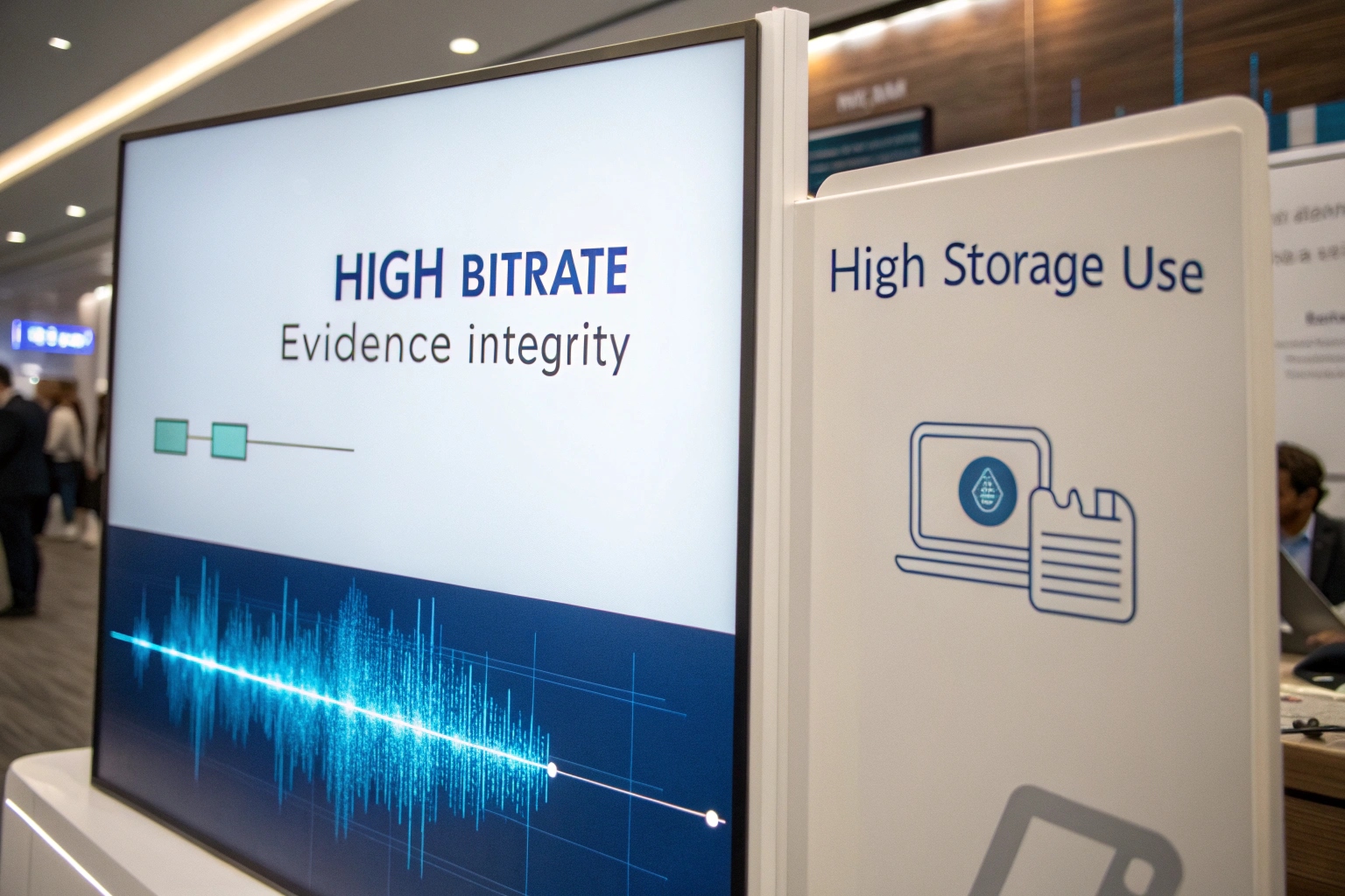 A split-screen image showing a clear audio waveform on one side and a data storage icon on the other.