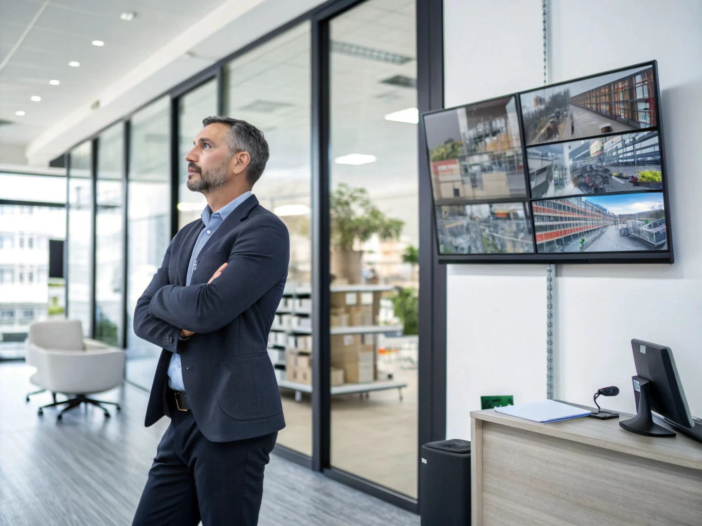 A business owner in an office monitoring multiple security camera feeds on a large screen