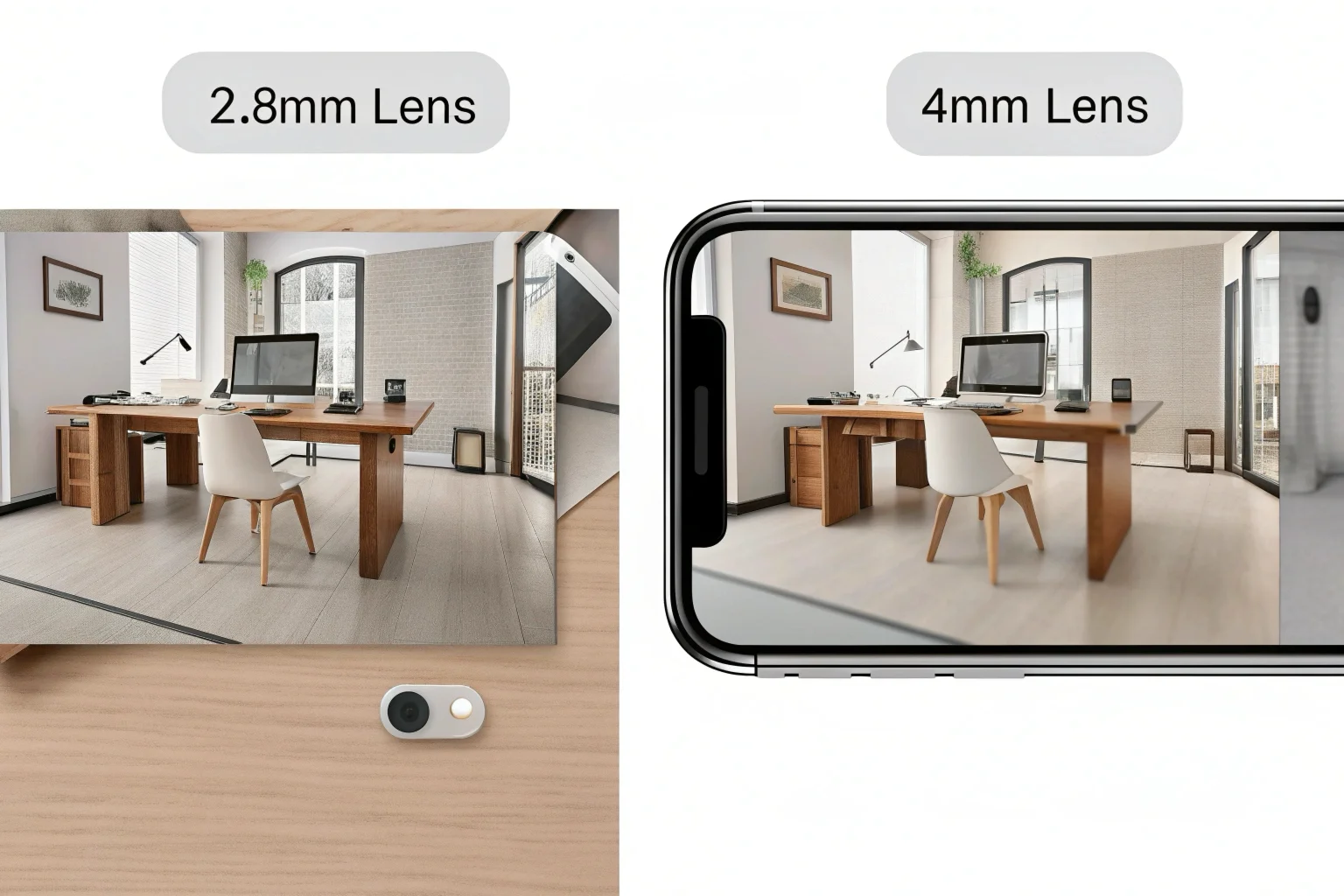 Un'immagine a schermo diviso che confronta la vista grandangolare di un obiettivo da 2,8 mm e la vista più ristretta di un obiettivo da 4 mm in un ambiente d'ufficio
