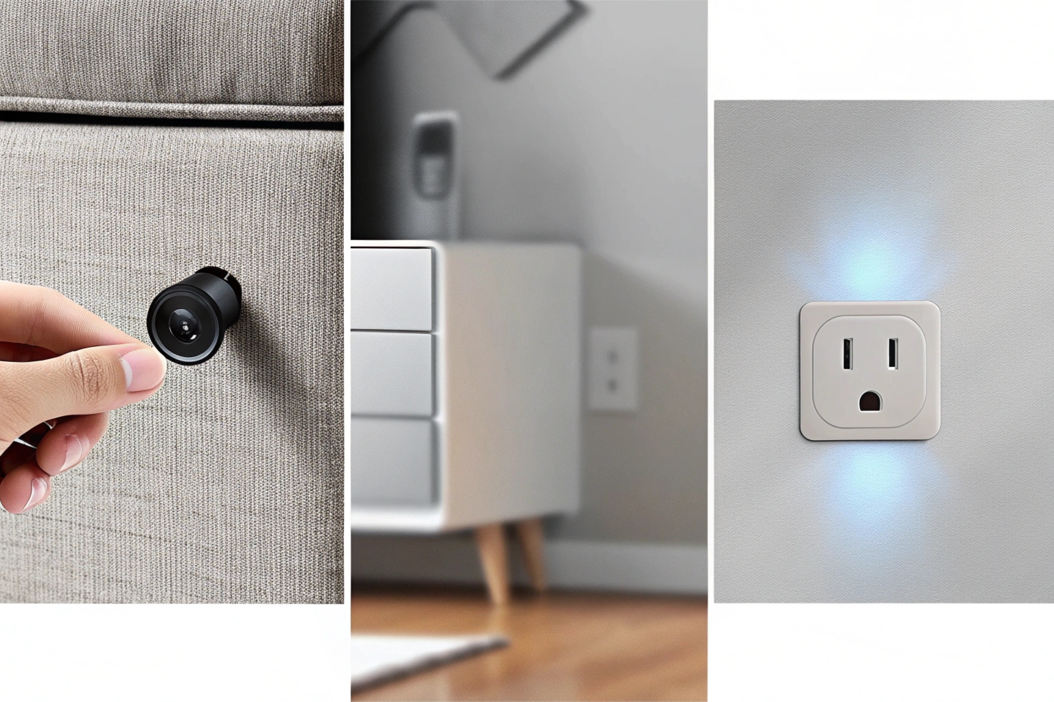 A split image showing a battery-powered screw head camera and a USB wall charger camera plugged into an outlet