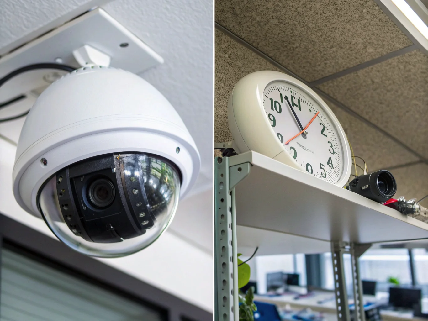 A large, obvious CCTV camera contrasted with a small, discreet clock camera