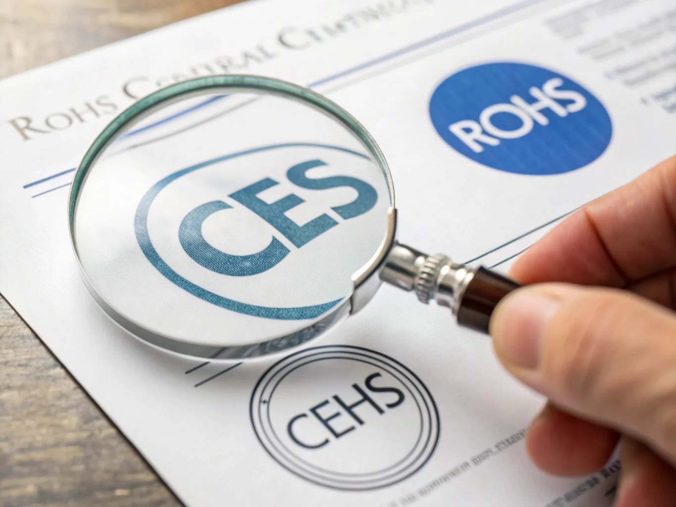 A close-up of a hand holding a magnifying glass over a CE and ROHS certificate, symbolizing verification and compliance.