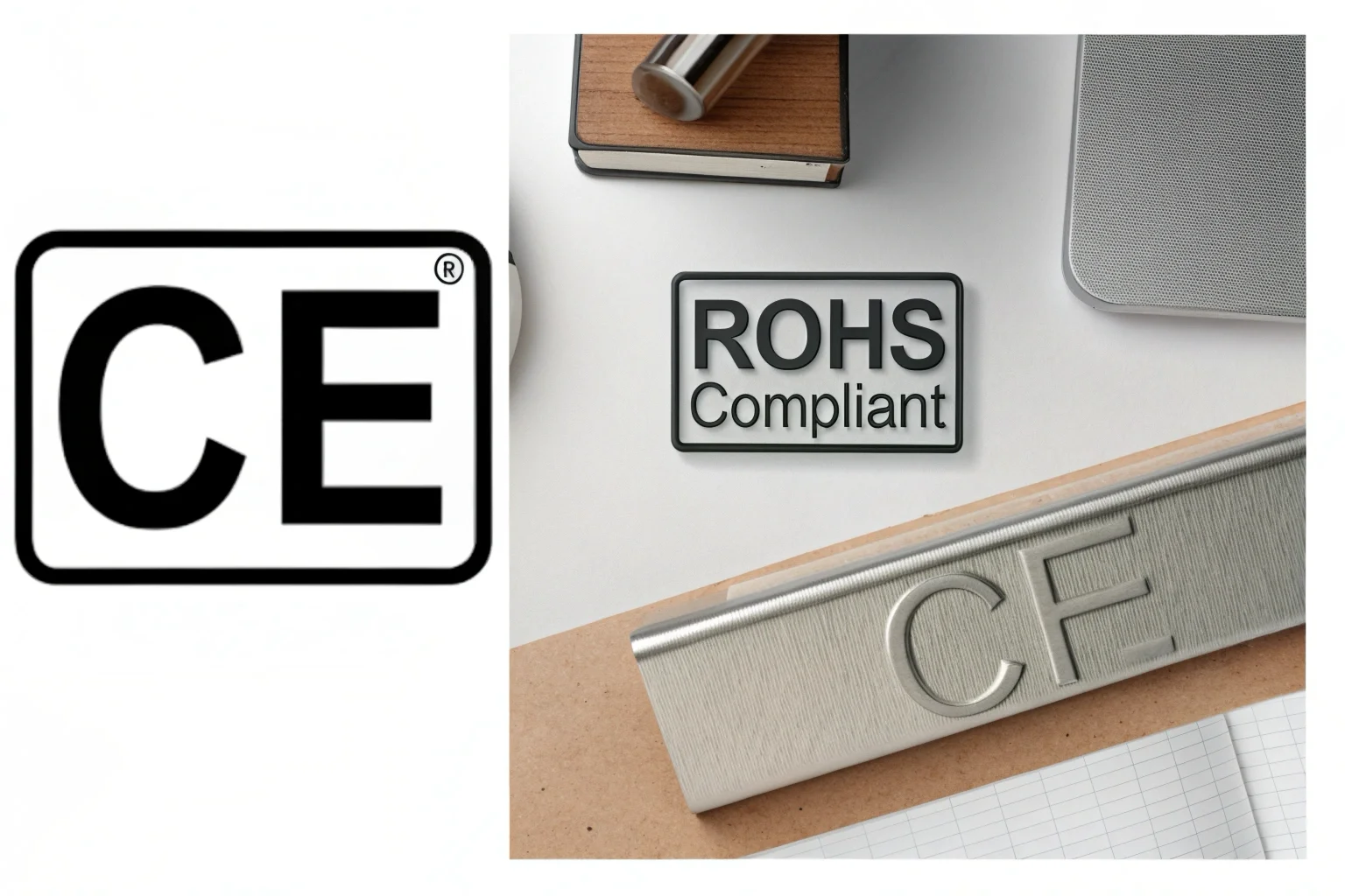 I loghi delle certificazioni CE e RoHS su un certificato ufficiale