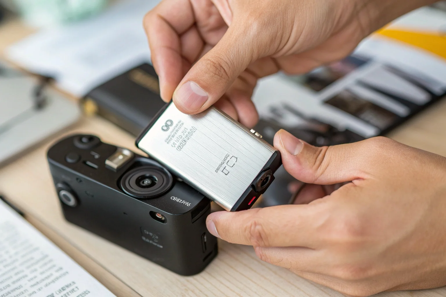 A person swapping a small battery in a discreet mini camera