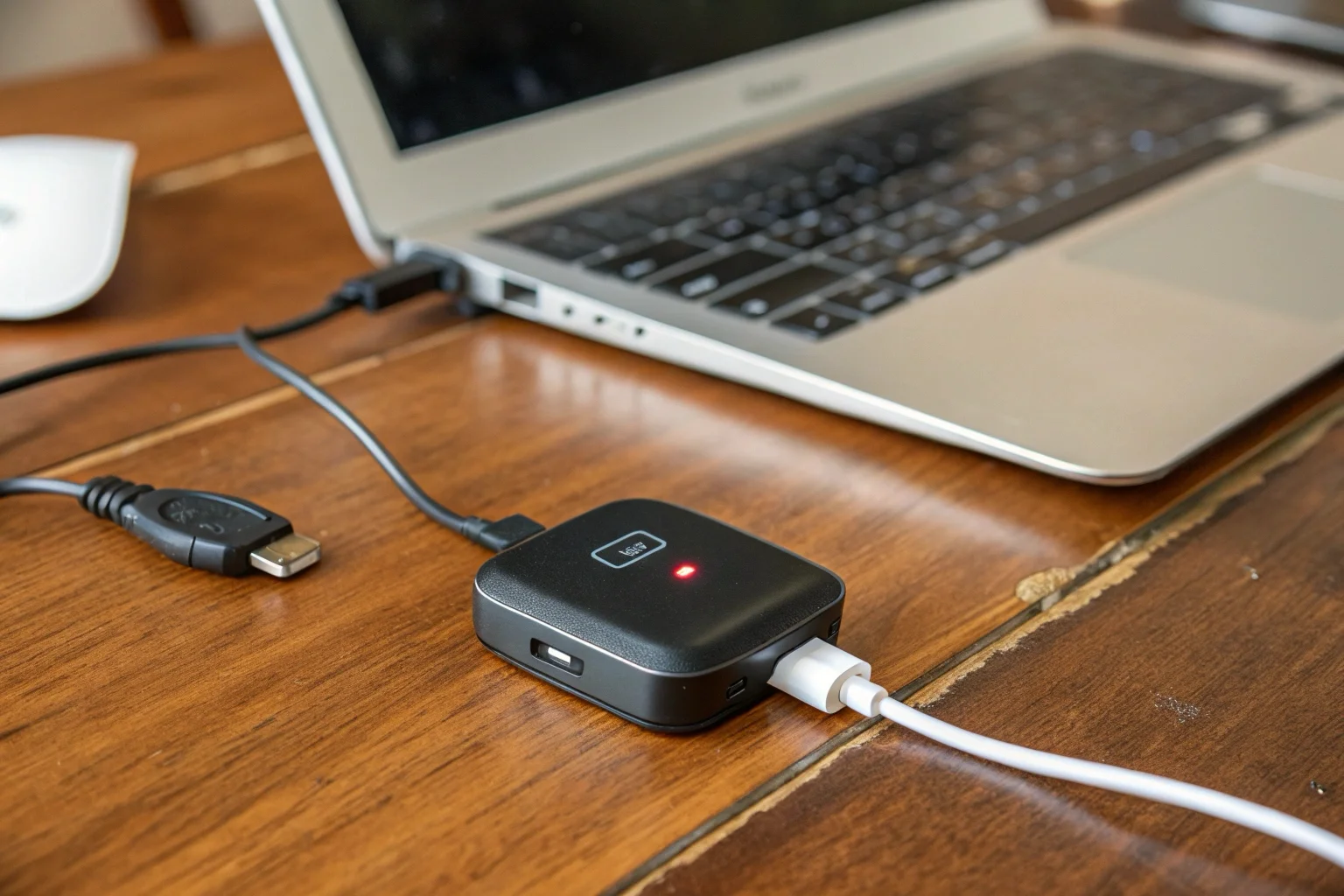 A close-up of a small pet tracker connected to a magnetic USB charging cable next to a laptop