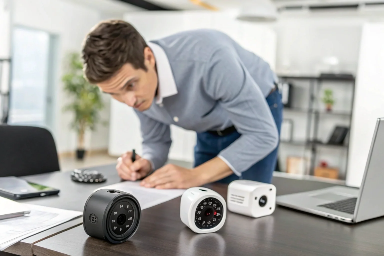 A business owner carefully examining different hidden camera models at a desk