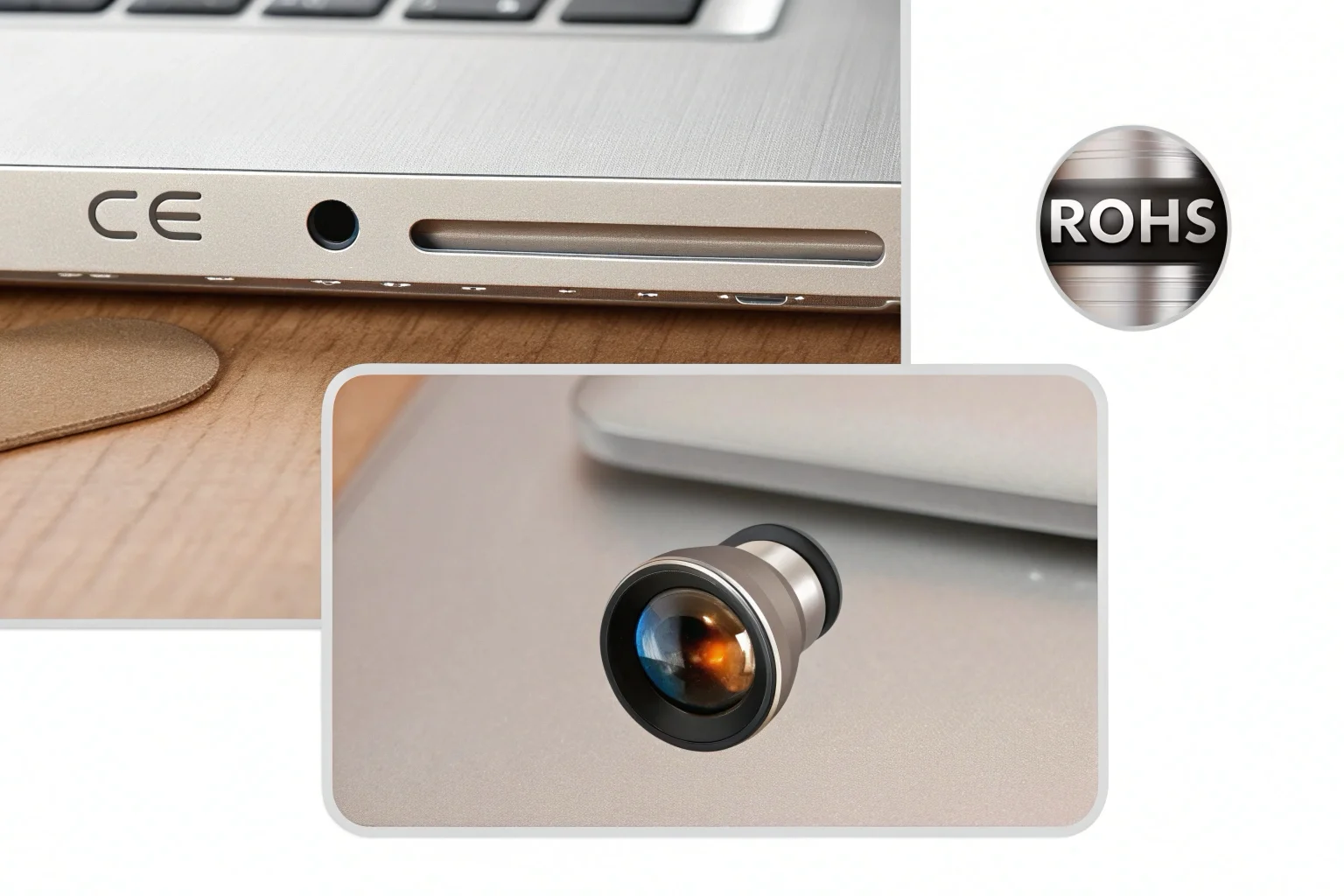 Una ripresa macro di un mini obiettivo di una fotocamera con i simboli di certificazione CE e ROHS sfocati sullo sfondo