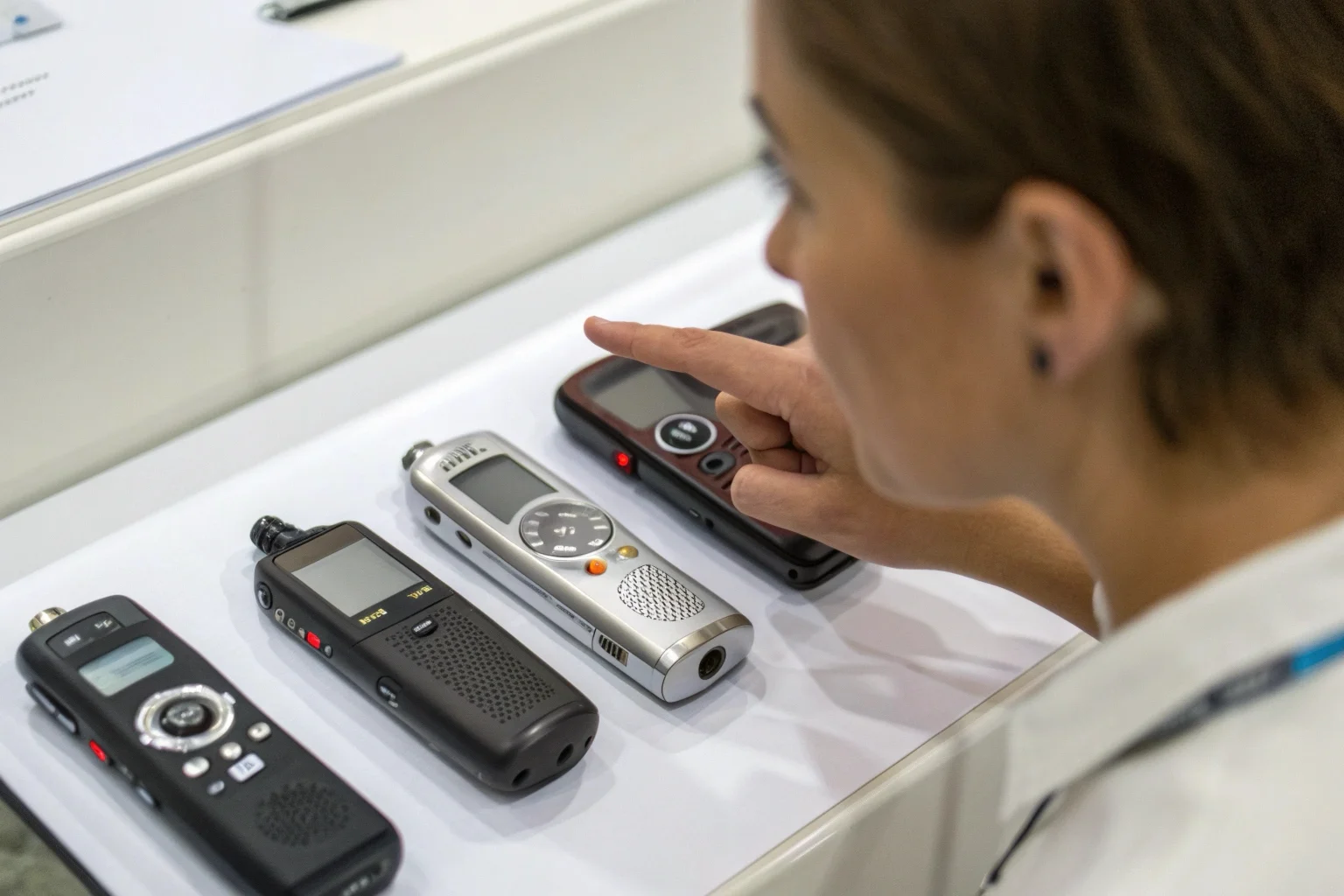 A person's hand pointing to a specific voice recorder from a lineup of different models, highlighting its features on a screen.