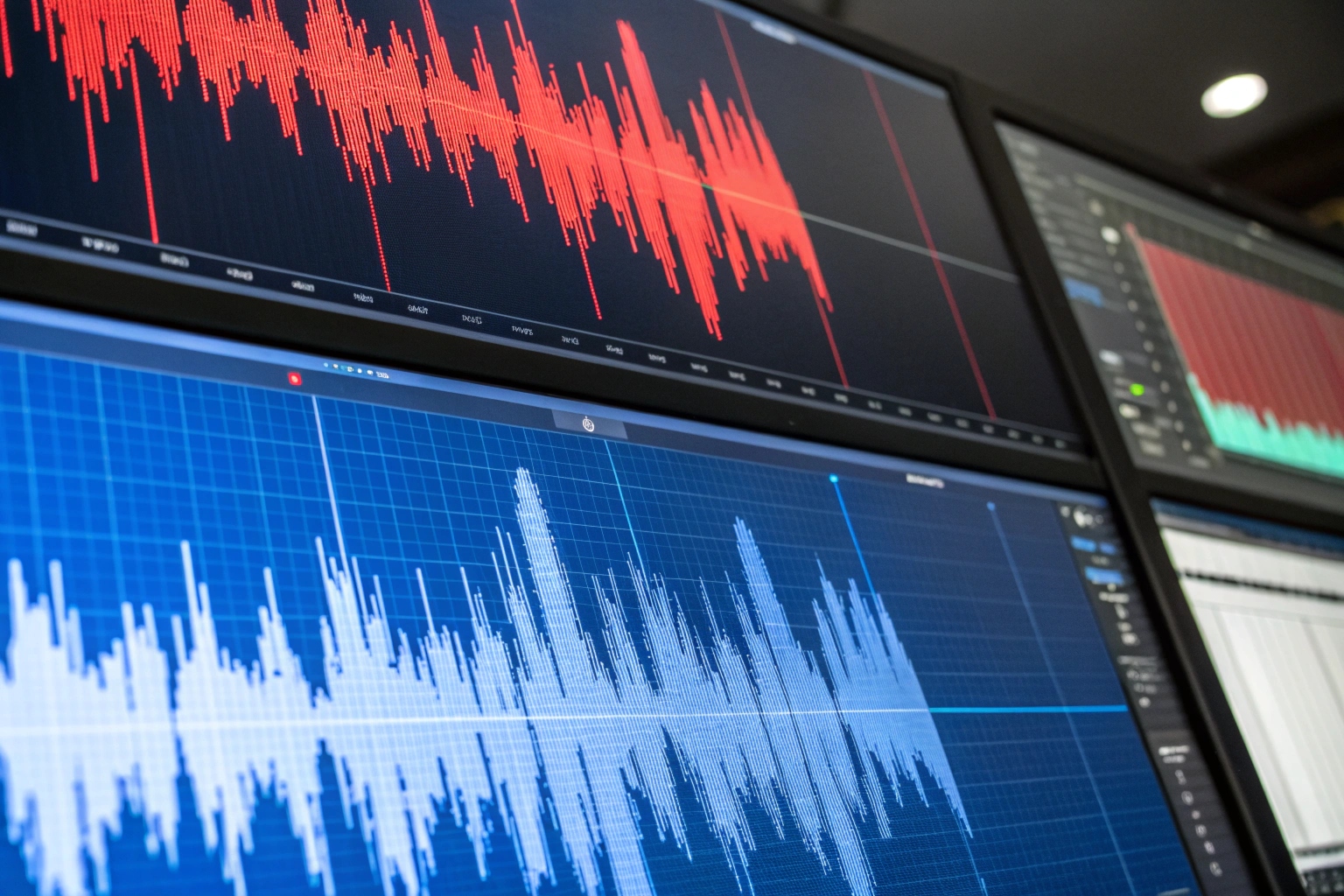 An abstract visualization comparing a clean, crisp soundwave against a messy, noisy one