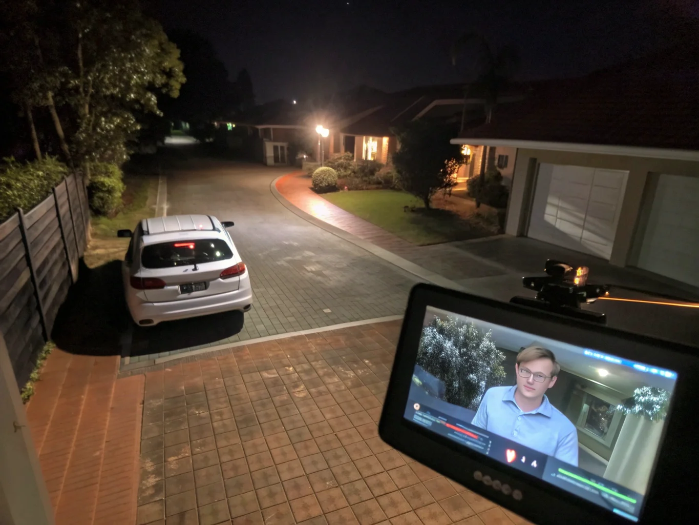 A crisp, clear night vision image of a backyard or storefront