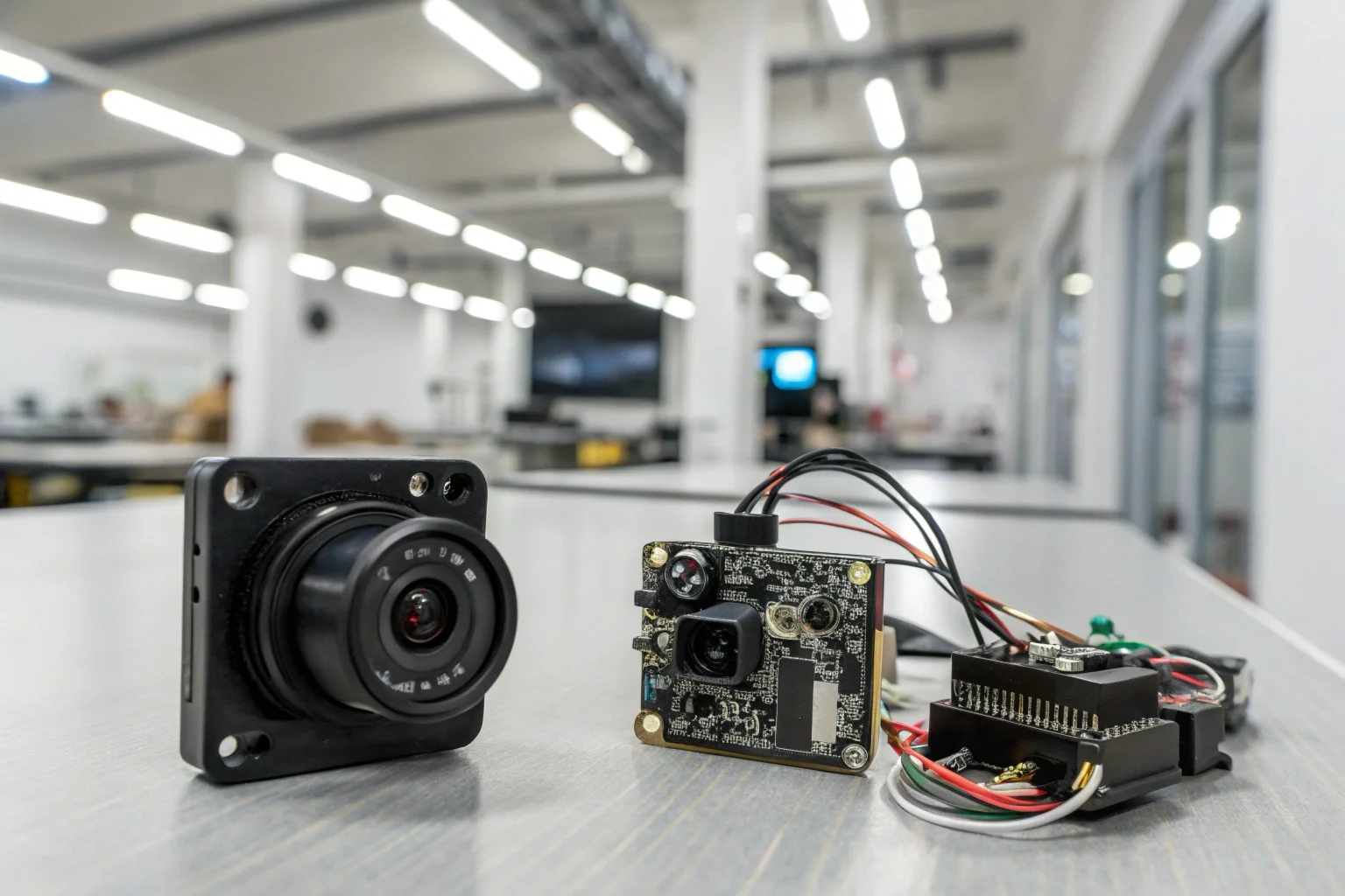 A professional-grade hidden camera module next to a cheaper consumer-grade camera