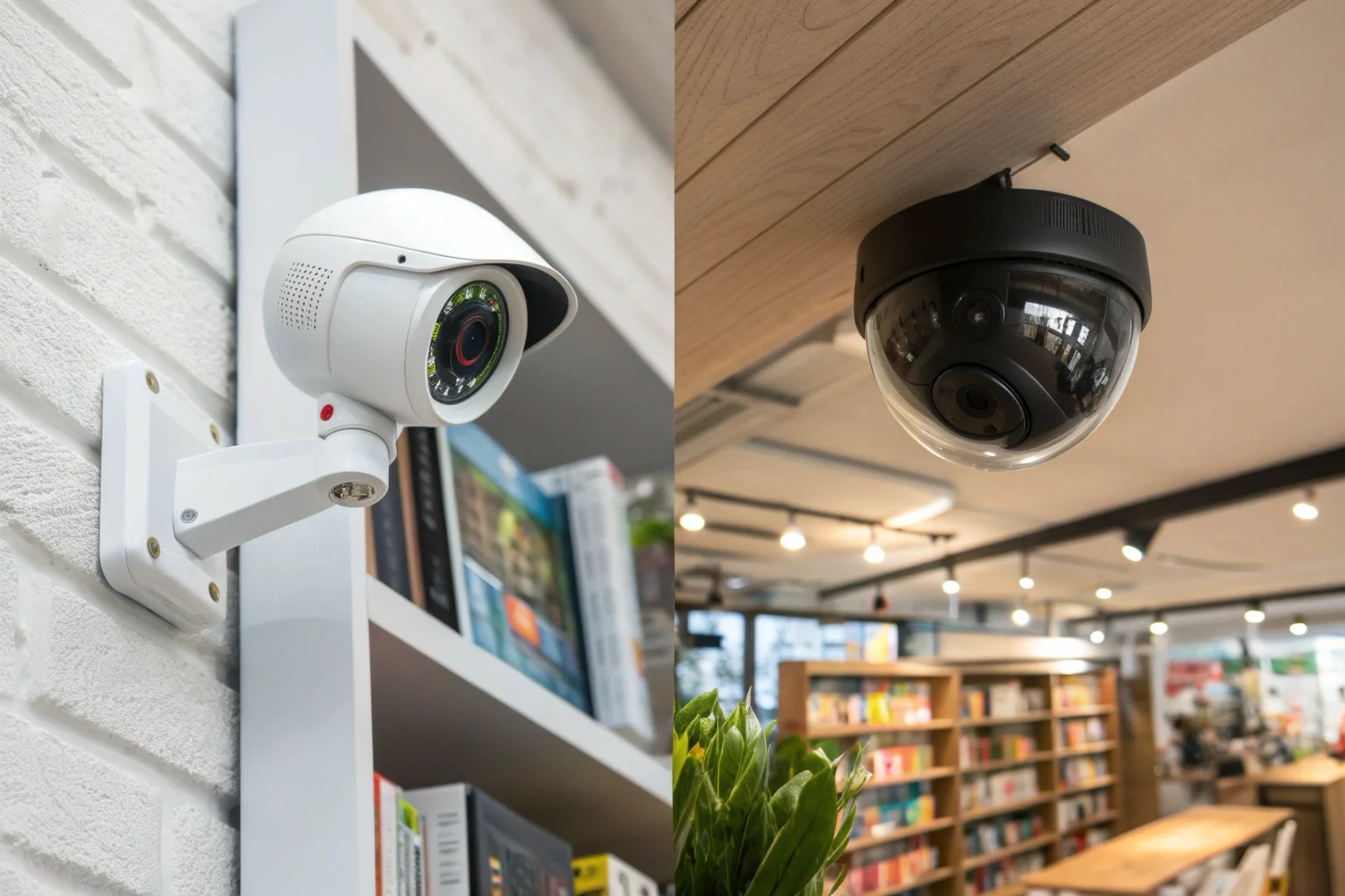 A split image showing a consumer-grade Wi-Fi camera on one side and a professional commercial security camera on the other