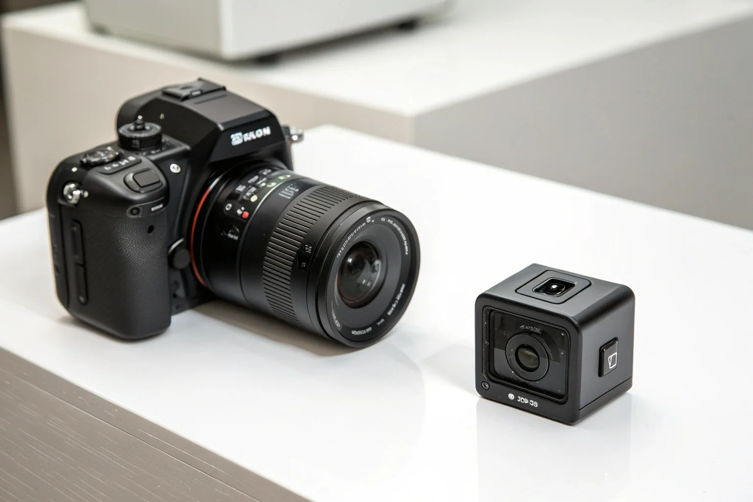 A split image showing a large, professional consumer camera on one side and a tiny, discreet mini camera on the other