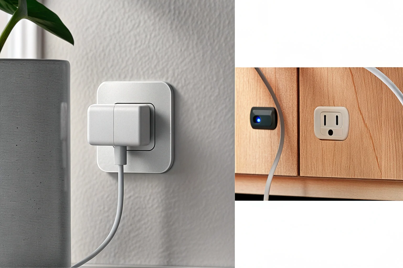 Una telecamera con caricabatterie da muro USB elegante collegata a una presa elettrica, con una sottile luce blu che indica che sta registrando