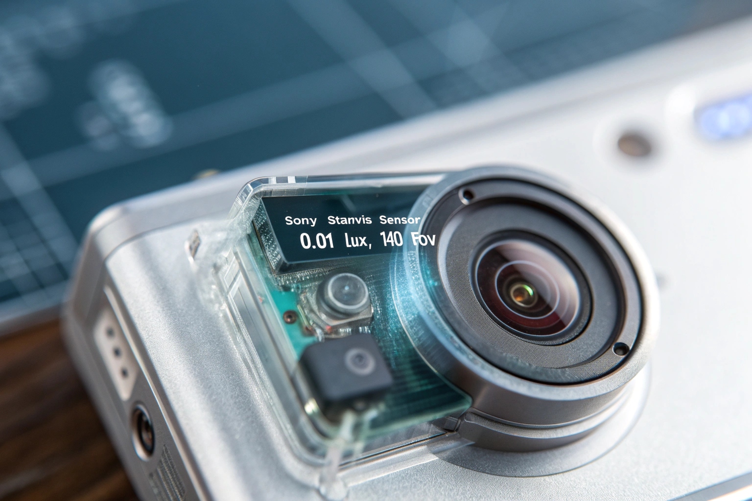 A magnifying glass hovering over the technical specifications of a covert camera lens
