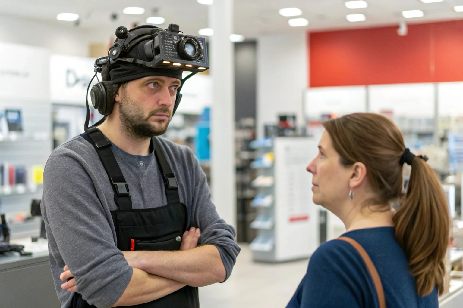 A person wearing a bulky head-mounted camera looking uncomfortable, while another person in the background looks on suspiciously.
