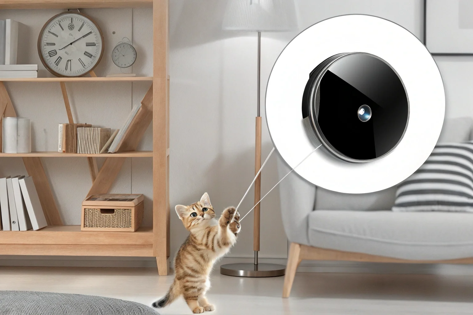 A discreet hidden camera disguised as a modern wall clock in a living room