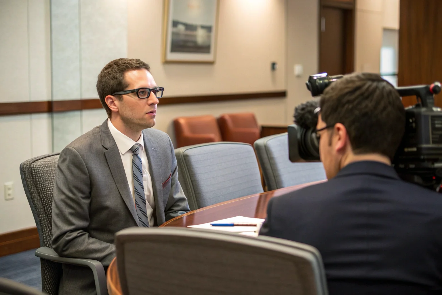 A man in a business suit subtly records a meeting using his camera glasses.