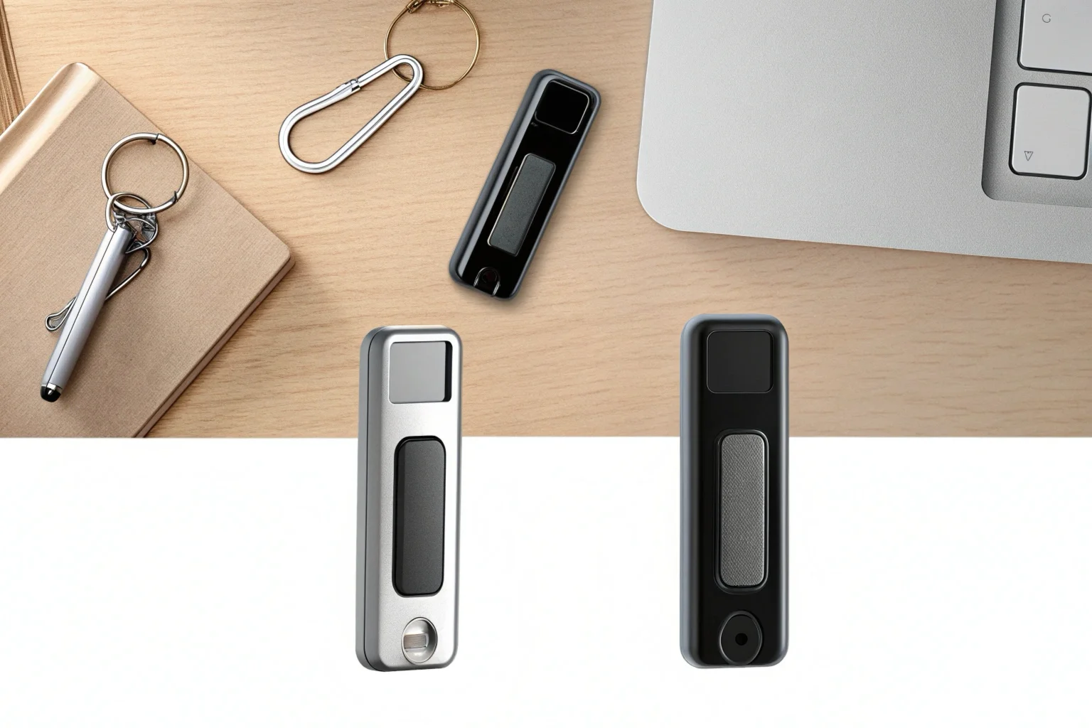 A collection of modern and discreet hidden voice recorders, including a pen, a keychain, and a USB drive.