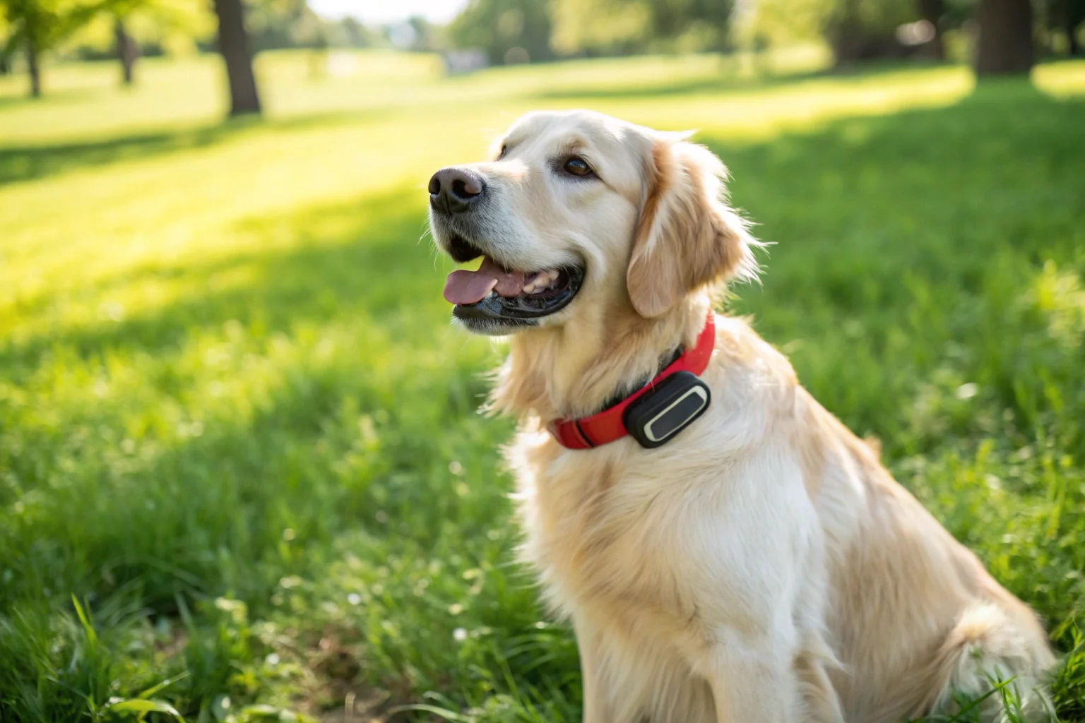 A happy golden retriever wearing a small, sleek black GPS tracker on its red collar