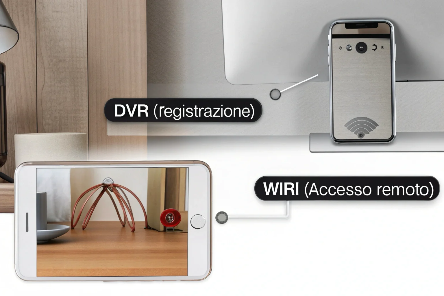 Un diagramma che mostra la differenza tra una telecamera spia DVR che registra su scheda SD e una WiFi che trasmette a uno smartphone