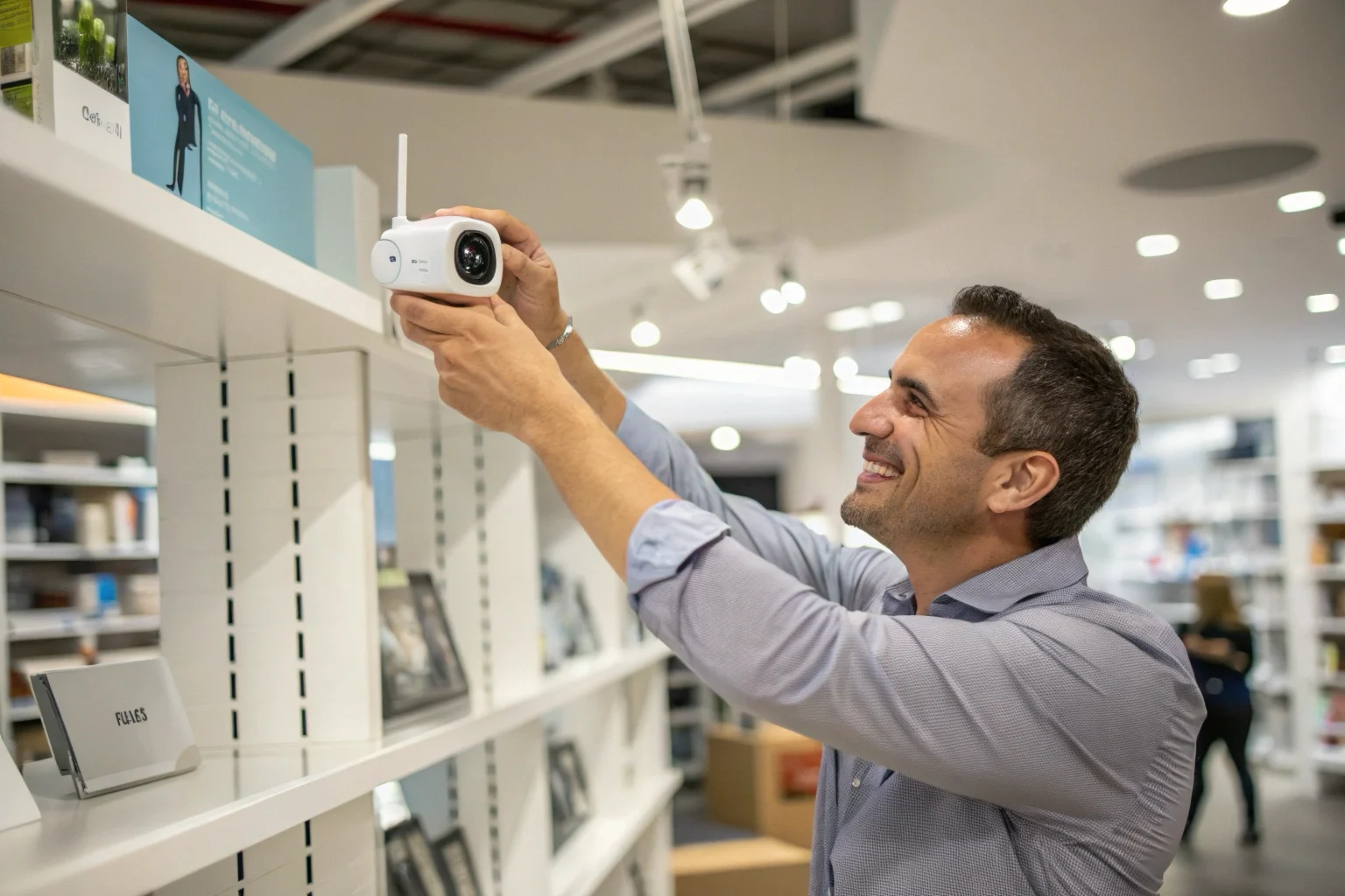 A business owner easily mounting a QZT WiFi hidden camera on a bookshelf.