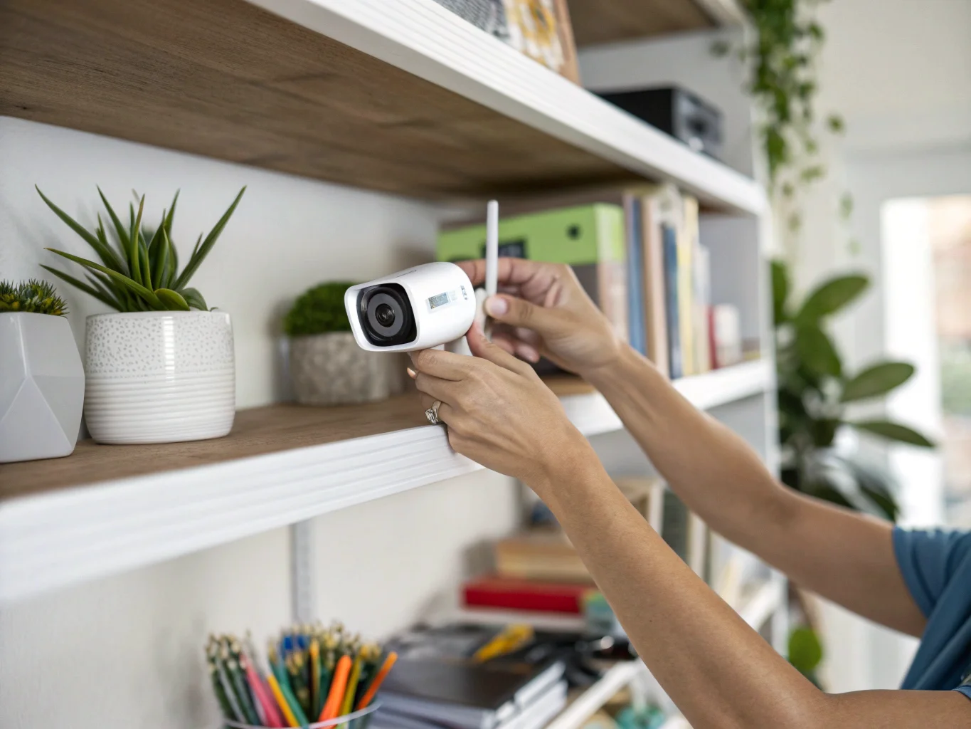 A person easily mounting a small wireless camera on a bookshelf