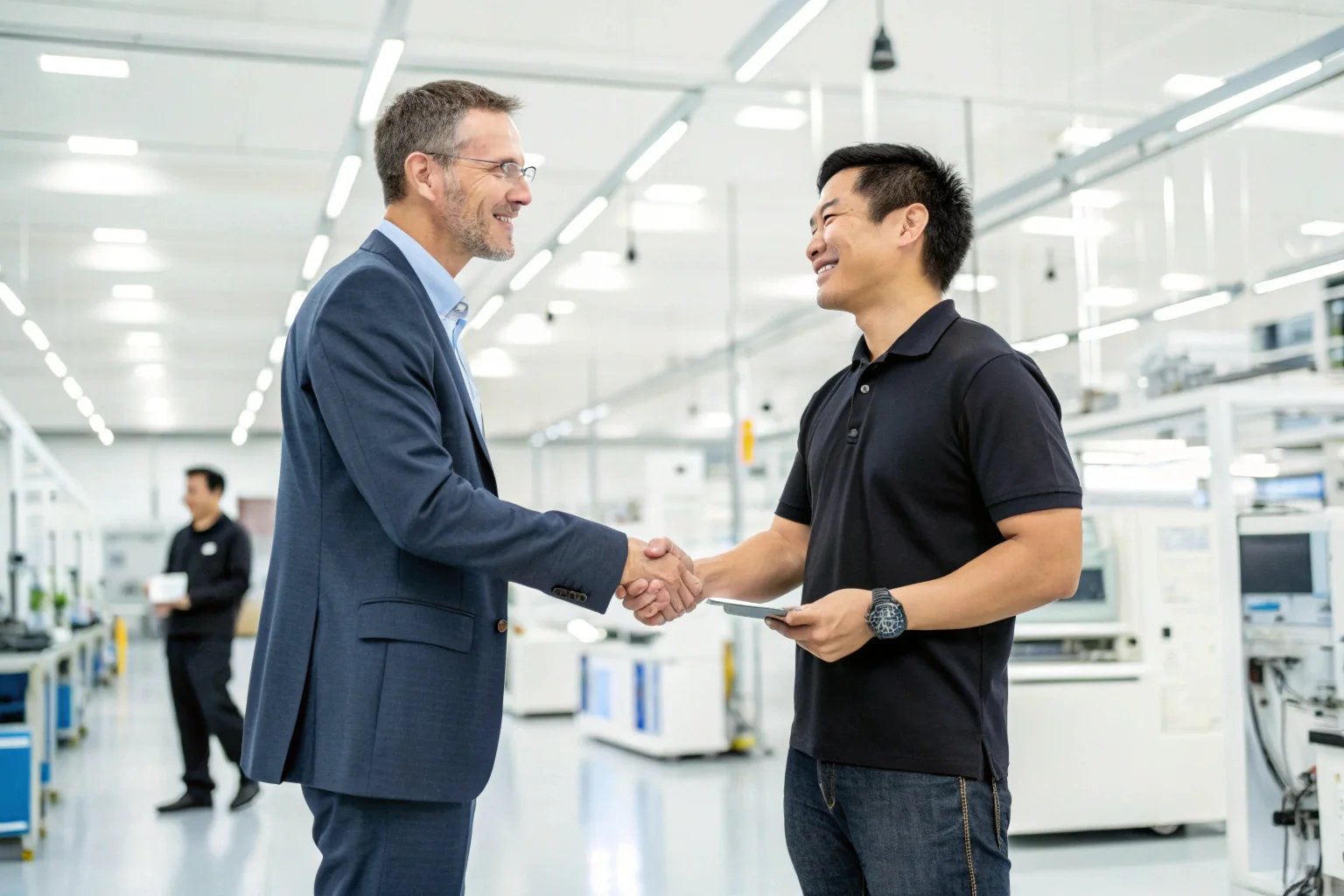 Two business professionals, one European and one Asian, shaking hands in a bright and modern electronics factory