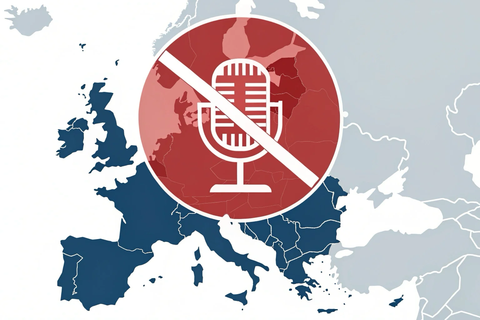 A graphic showing a crossed-out microphone icon superimposed on a map of the European Union, symbolizing audio recording restrictions.