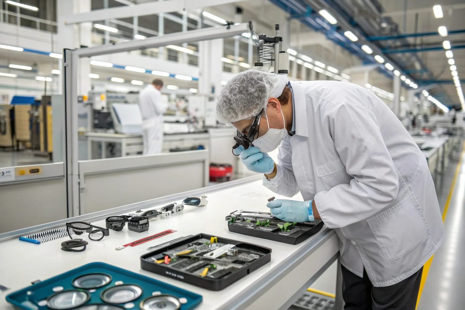 A quality control expert in a lab coat inspecting camera glasses at a clean, well-lit factory workstation.