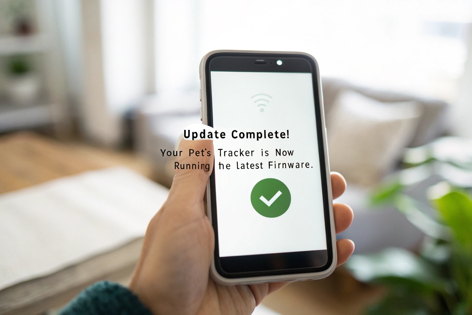 A user-friendly app screen on a smartphone showing that a firmware update for the pet collar is successfully installed