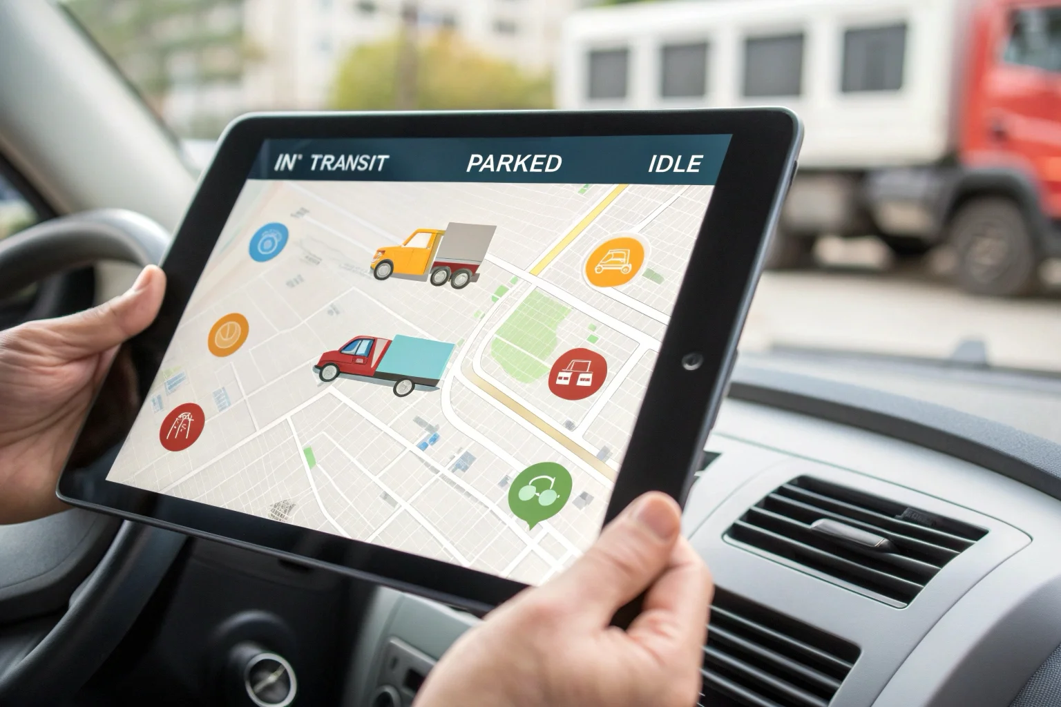 A fleet management dashboard on a tablet showing vehicle locations on a map