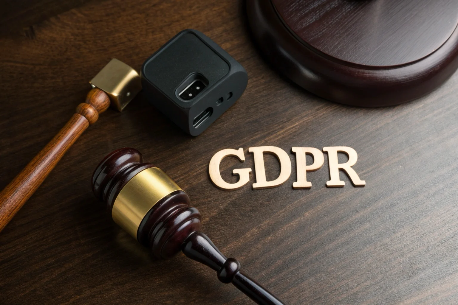 Un martelletto da giudice e un logo GDPR accanto a una telecamera spia discreta su una scrivania