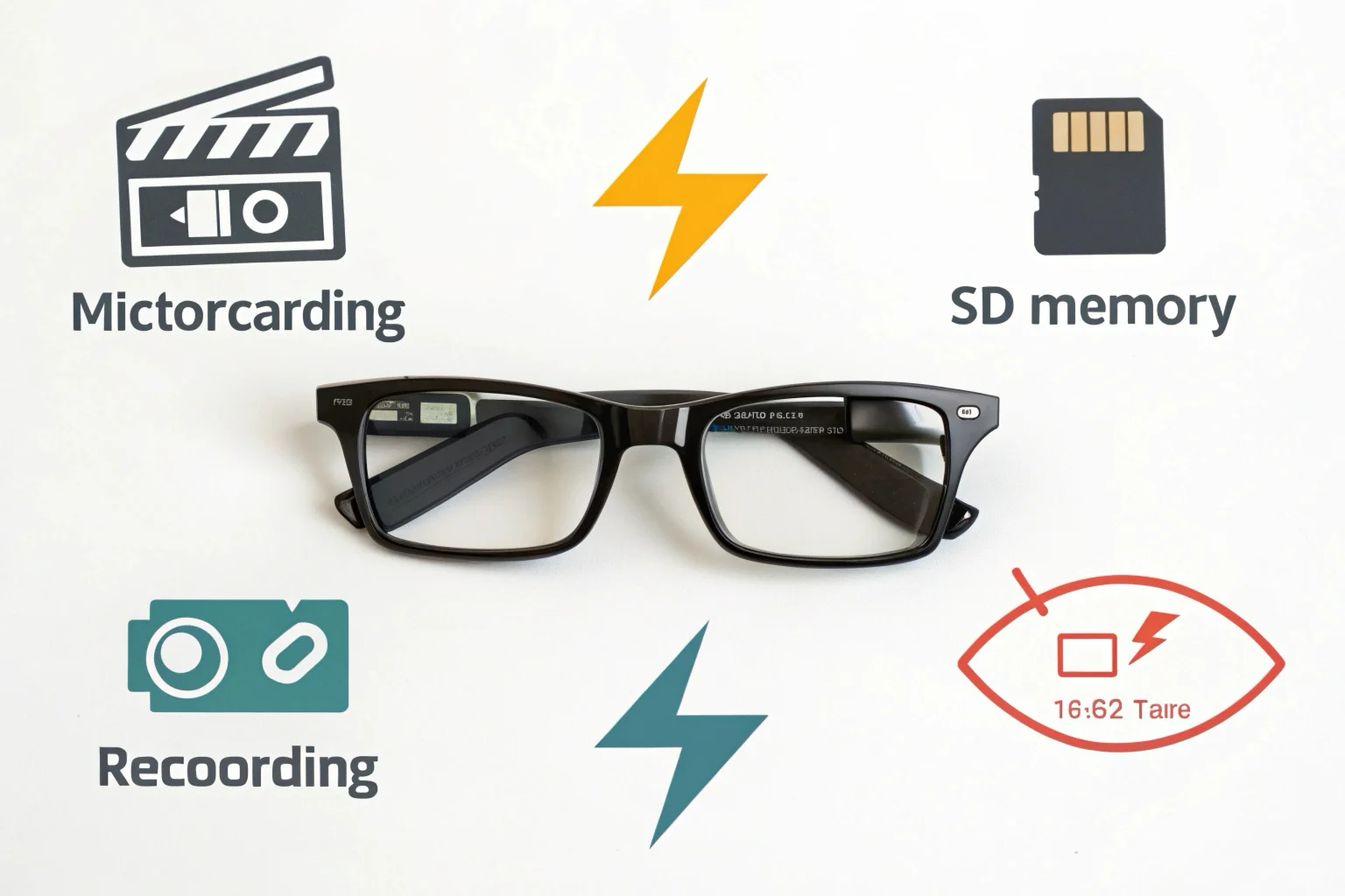 An infographic showing a battery icon and a memory card icon connected by arrows to a pair of camera glasses, illustrating the two factors of recording time.