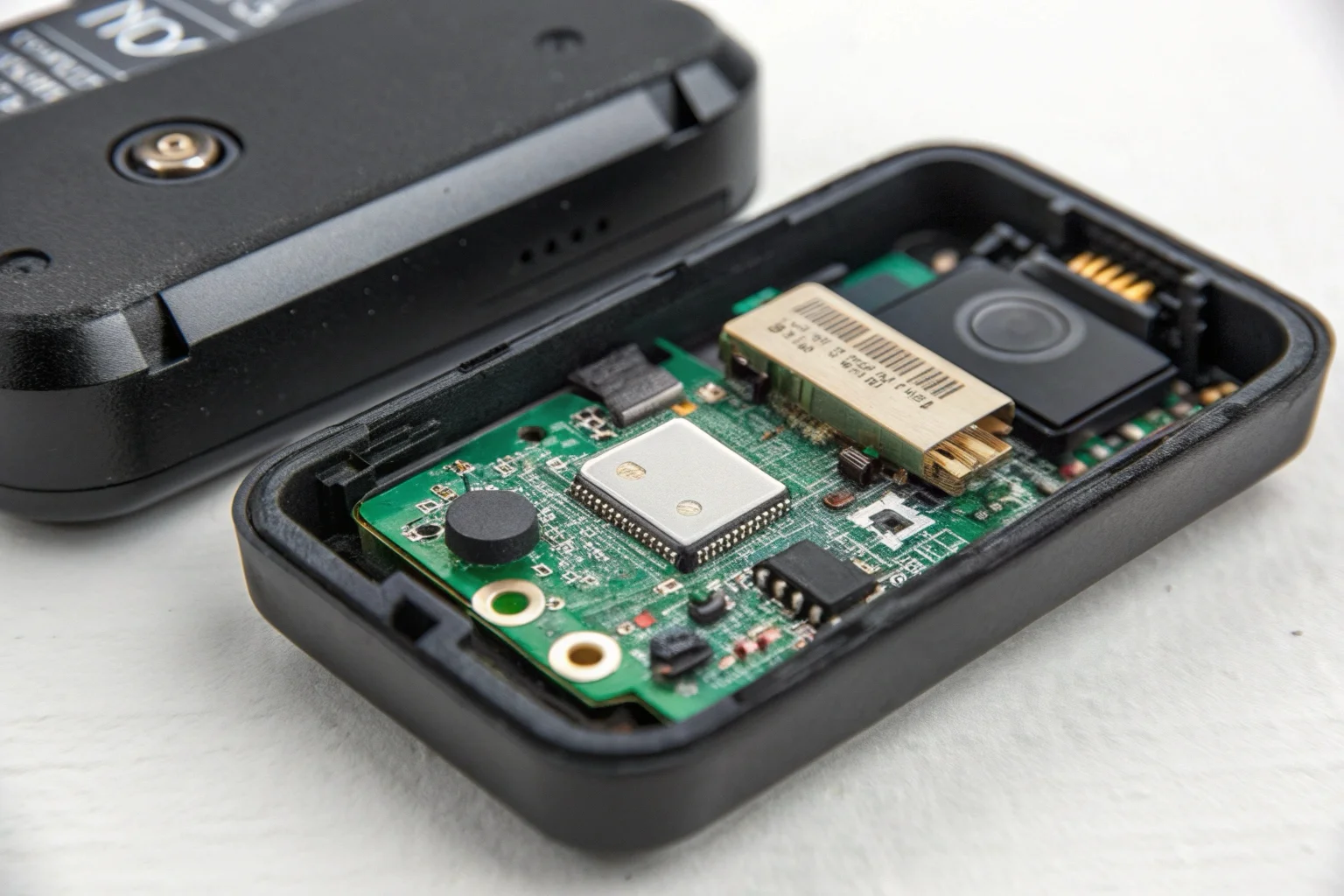 A close-up view of the internal components of a modern GPS tracking device