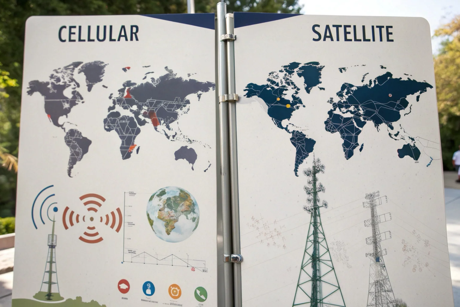 An infographic comparing the global coverage of satellite networks versus the more populated area coverage of cellular networks for GPS tracking
