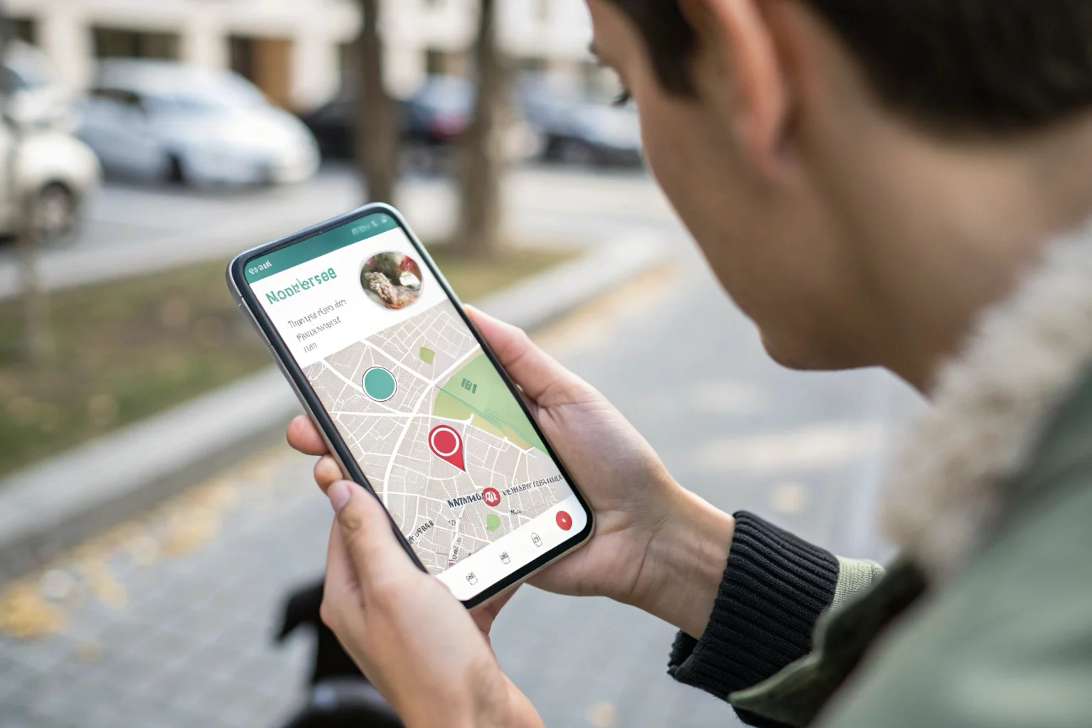 A person's hand holding a smartphone showing a map with a pet's real-time location pinpointed across town