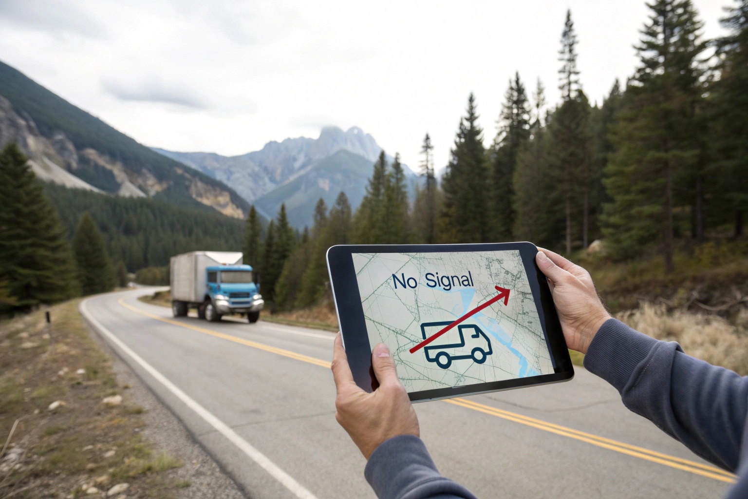 A map interface on a tablet showing a truck's route through a remote, mountainous area where a "no signal" icon is displayed.