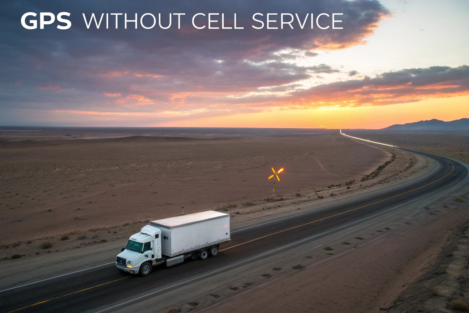 A delivery truck driving through a vast, empty landscape like a desert or tundra, with a satellite icon clearly visible in the sky above it.