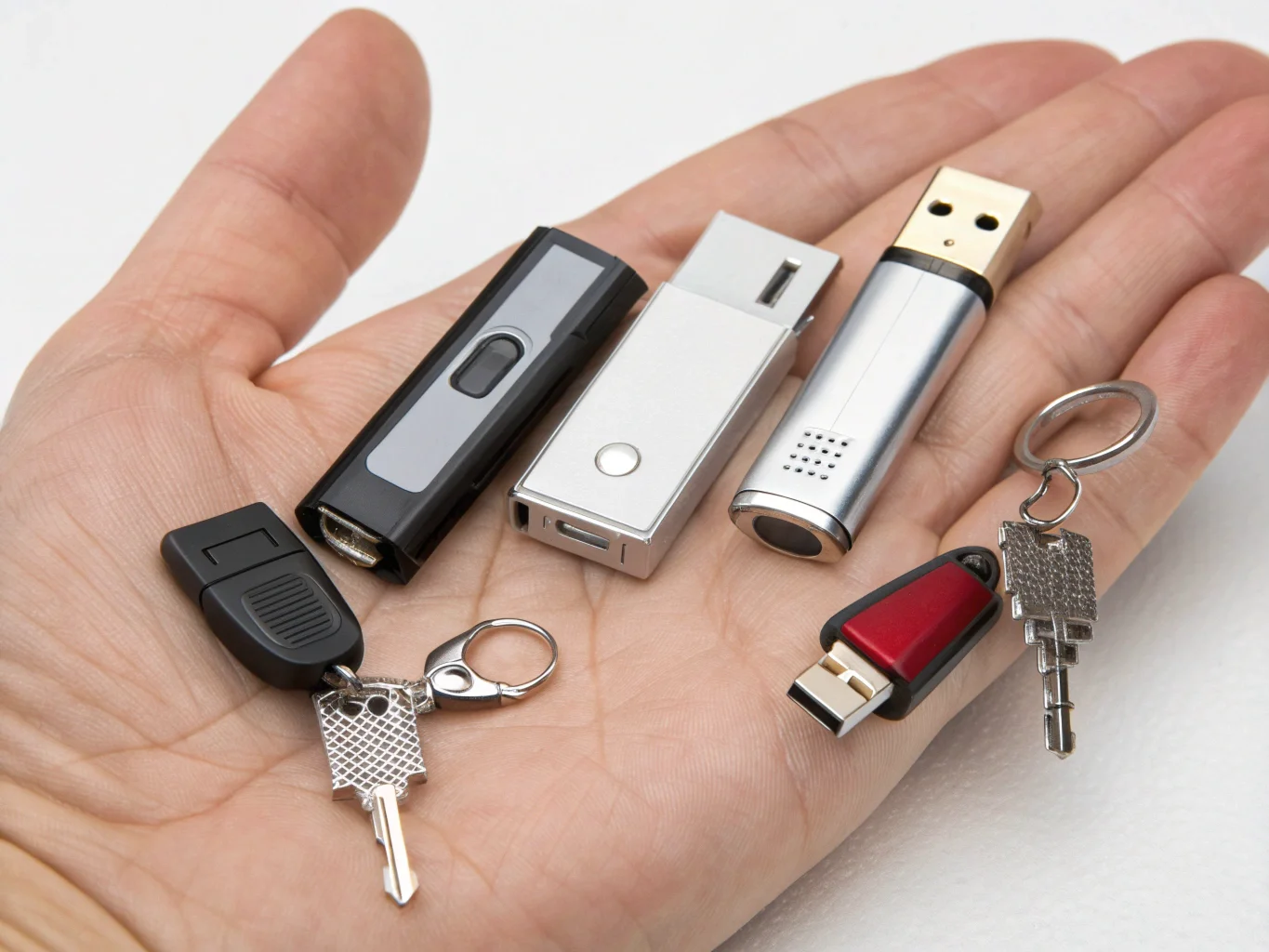 Una mano che tiene diversi tipi di mini registratori vocali, mostrando la varietà di forme e dimensioni disponibili.
