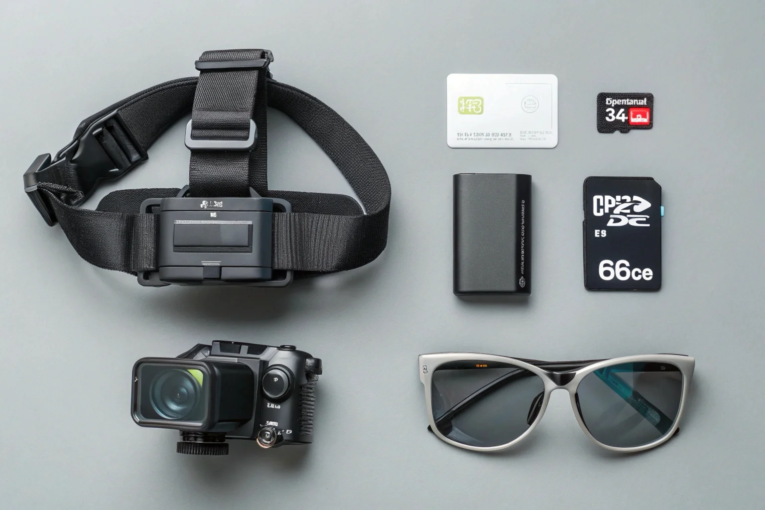 A headcam beside a pair of camera glasses, with battery and memory card symbols above them.